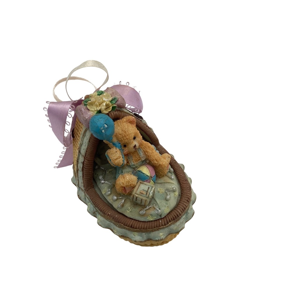Vintage 1998 Resin Teddy Bear Trinket Box Bassinet Baby Keepsake Decor 3.5 inch